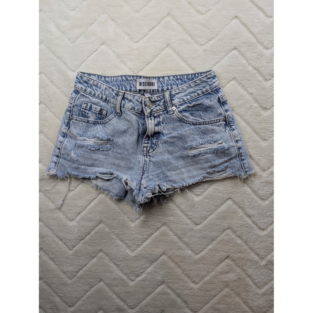 Disclosure Distressed Denim Shorts Light Wash Frayed Hem Size 5/27 High Rise